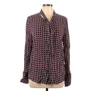 Equipment Blouse Tie Neck Collared Preppy Long Sleeve Burgundy Houndstooth , L